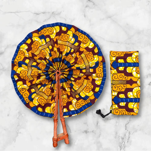 Afrikaanse handwaaier - Ankara print waaier - Geel Blauw Adeola