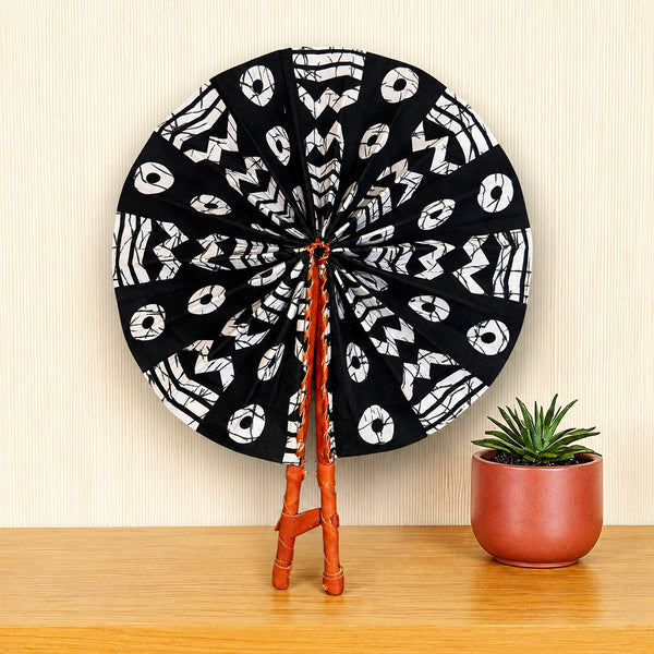 African Hand fan - Ankara print Hand fan - Black White Ofori