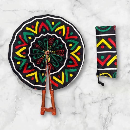 Afrikaanse handwaaier - Ankara print waaier - Zwart Geel Aderonke
