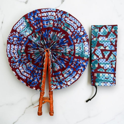 Afrikaanse handwaaier - Ankara print waaier - Bordeaux Lichtblauw Antwi