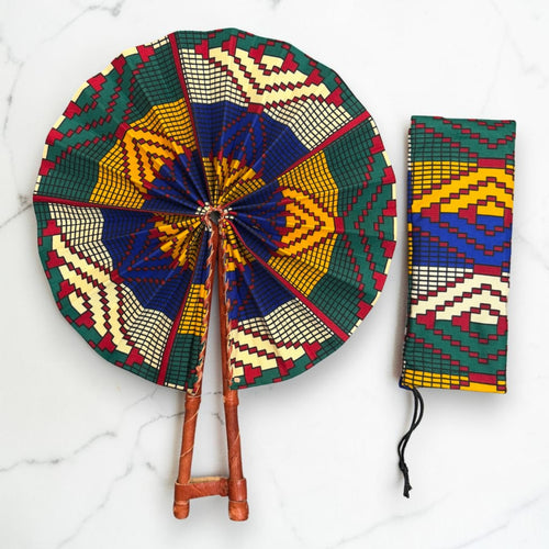 Afrikaanse handwaaier - Ankara print waaier - Blauw Geel Frimpong