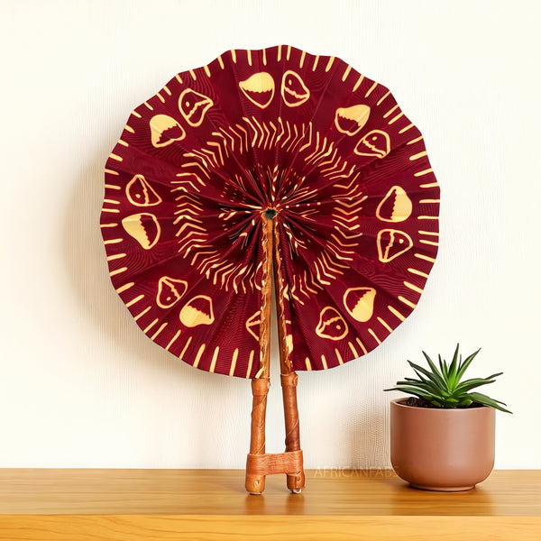 African Hand fan - Ankara print Hand fan - Burgundy Beige Kayode