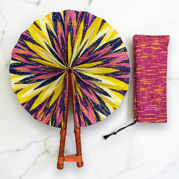 Afrikaanse handwaaier - Ankara print waaier - Geel Roze Amoako