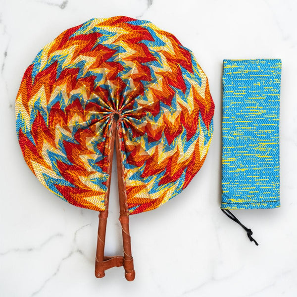 Afrikaanse handwaaier - Ankara print waaier - Oranje Blauw Ayim