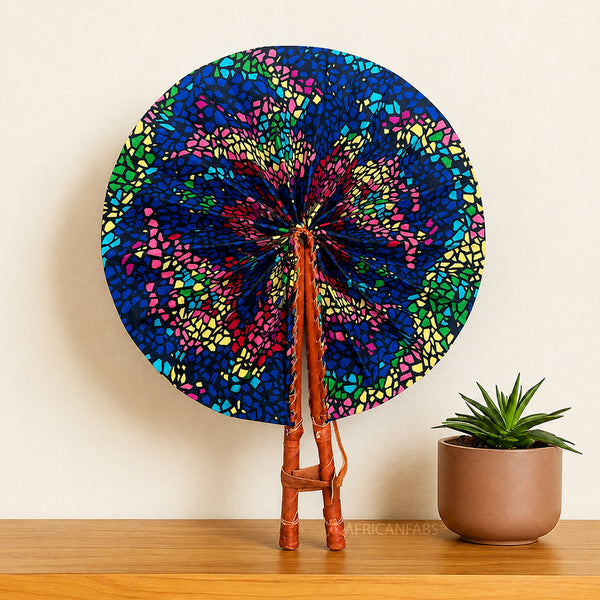 African Hand fan - Ankara print Hand fan - Blue Pink Mensah