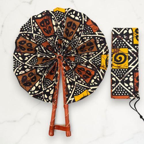 Afrikaanse handwaaier - Ankara print waaier - Mosterd Bruin Aidoo