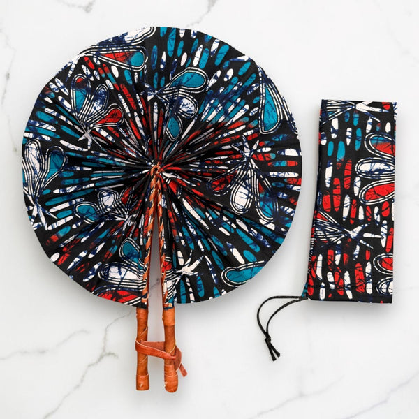 Afrikaanse handwaaier - Ankara print waaier - Blauw Rood Quartey