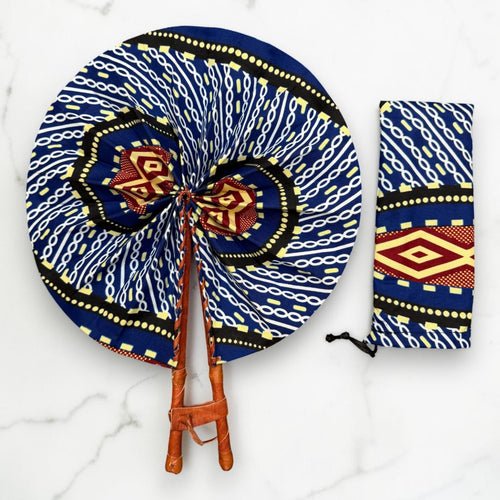 Afrikaanse handwaaier - Ankara print waaier - Blauw Crème Afful