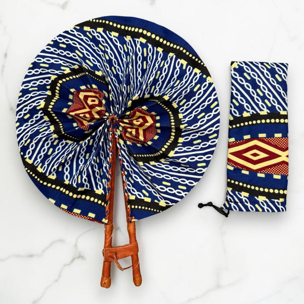 Afrikaanse handwaaier - Ankara print waaier - Blauw Crème Afful