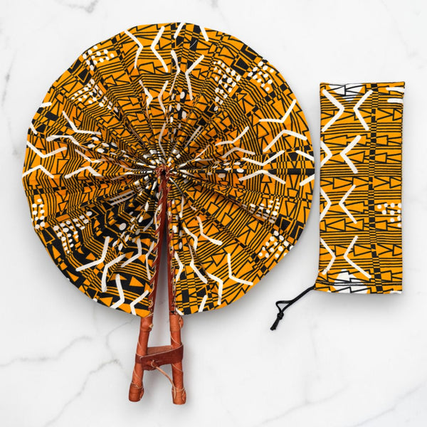 Afrikaanse handwaaier - Ankara print waaier - Mosterd Zwart Yeboah