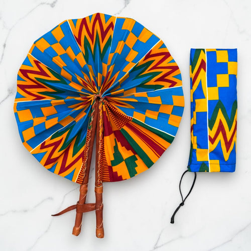 Afrikaanse handwaaier - Ankara print waaier - Blauw Oranje Adomako