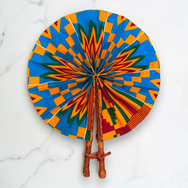 Afrikaanse handwaaier - Ankara print waaier - Blauw Oranje Adomako