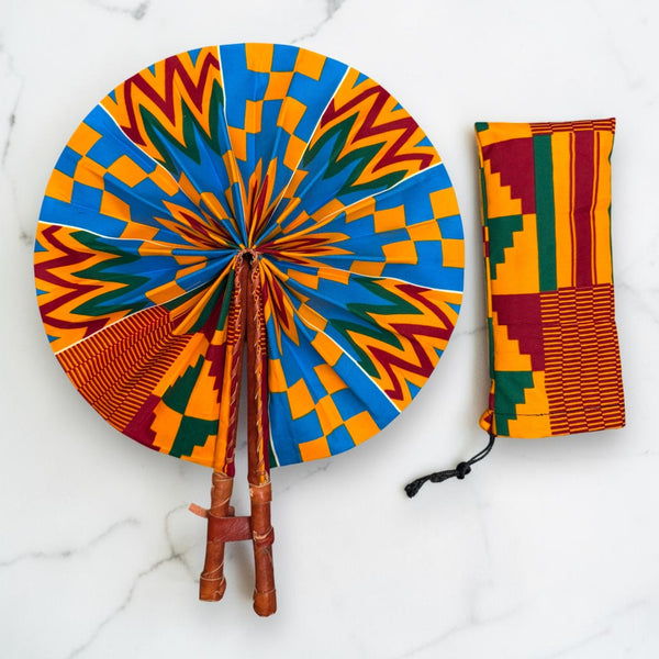 Afrikaanse handwaaier - Ankara print waaier - Blauw Oranje Adomako
