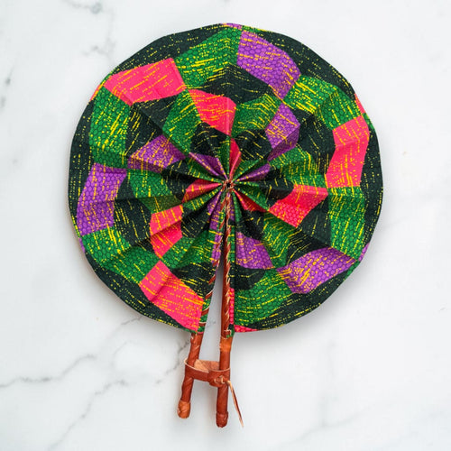 Afrikaanse handwaaier - Ankara print waaier - Oranje Groen Akuffo