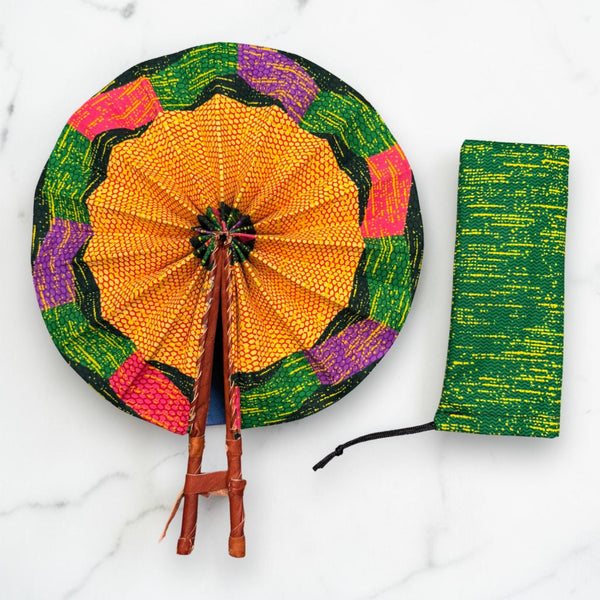 Afrikaanse handwaaier - Ankara print waaier - Oranje Groen Akuffo