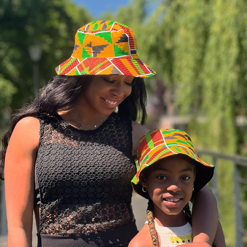 Bucket hat / Vissershoedje met Afrikaanse print - Gele kente - Kinderen & Volwassenen (Unisex)