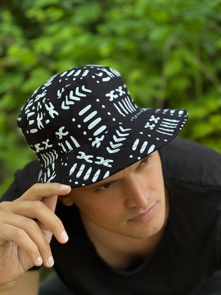 Bucket hat / Vissershoedje met Afrikaanse print - Zwart Wit Bogolan - Kinderen (Unisex)