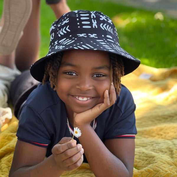 Bucket hat / Vissershoedje met Afrikaanse print - Zwart / wit Mud - Kinderen & Volwassenen (Unisex)