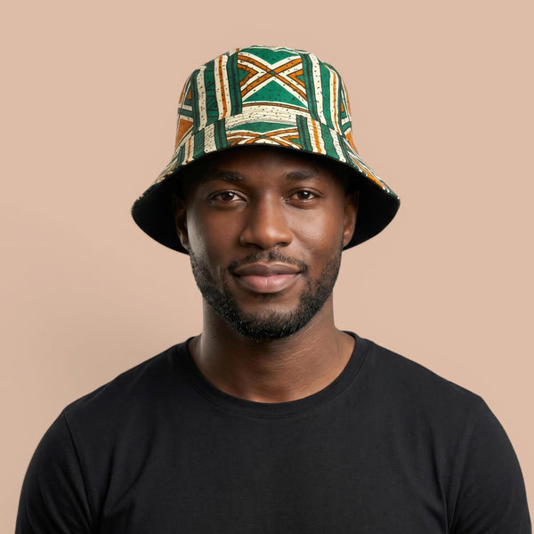 Bucket hat / Fisherman hat with African print - Green Bogolan Heritage - Kids & Adults sizes (Unisex)