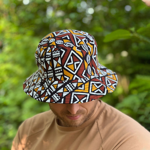 Bucket hat / Vissershoedje met Afrikaanse print - Mosterd Bogolan - Kinderen & Volwassenen (Unisex)