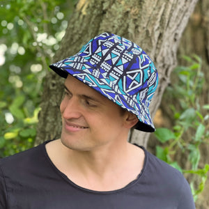 Bucket hat / Vissershoedje met Afrikaanse print - Blauw Bogolan - Kinderen & Volwassenen (Unisex)