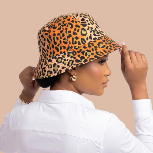 Bucket hat / Vissershoedje met Afrikaanse print - Oranje Perzik Leopard Spots - Kinderen & Volwassenen (Unisex)