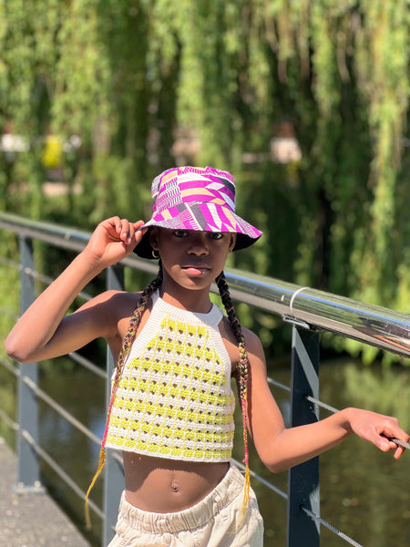 Bucket hat / Vissershoedje met Afrikaanse print - Paarse kente - Kinderen & Volwassenen (Unisex)