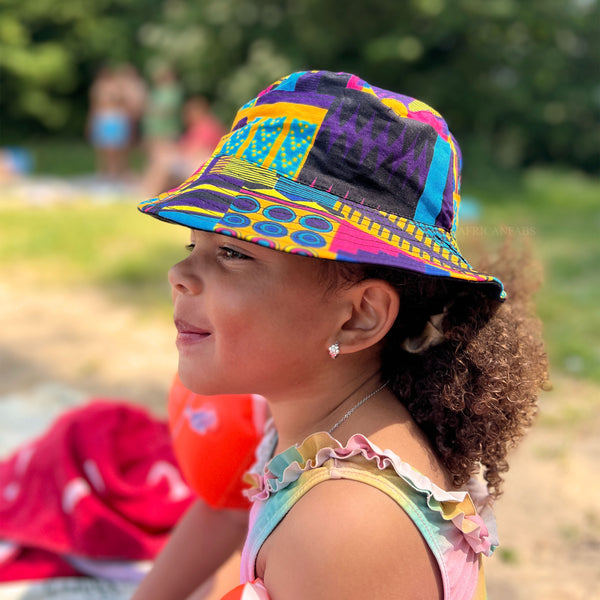 Bucket hat / Vissershoedje met Afrikaanse print - Paarse Multi color Kente - Kinderen & Volwassenen (Unisex)