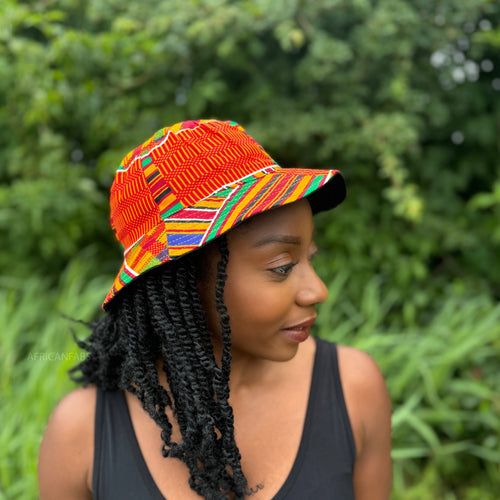 Bucket hat / Vissershoedje met Afrikaanse print - Rode kente - Kinderen & Volwassenen (Unisex)