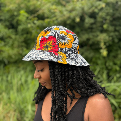 Bucket hat / Vissershoedje met Afrikaanse print - Lichtgrijze Flowers - Kinderen & Volwassenen (Unisex)