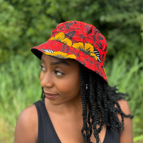 Bucket hat / Vissershoedje met Afrikaanse print - Rode Flowers - Kinderen & Volwassenen (Unisex)