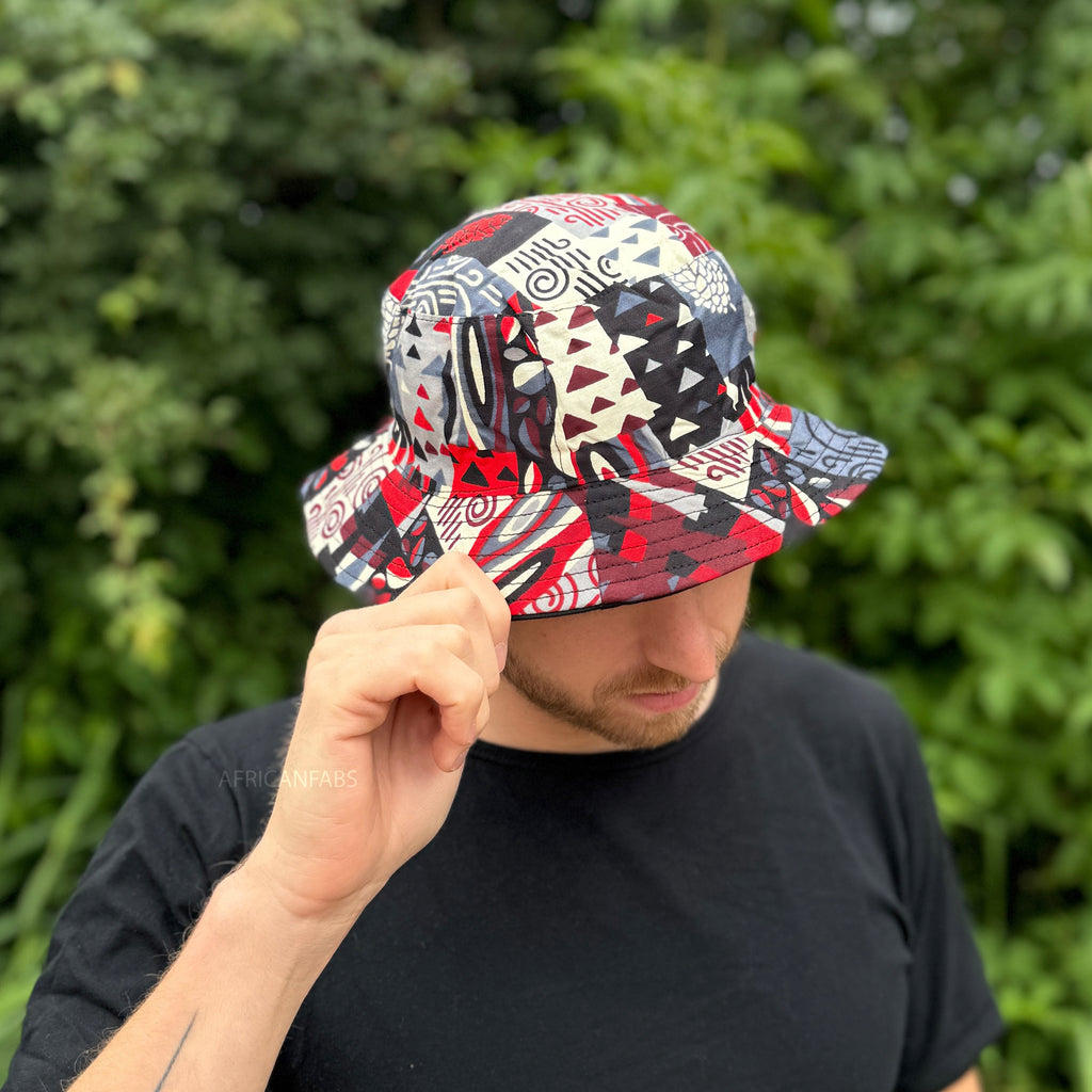 Bucket hat / Vissershoedje met Afrikaanse print - Rode vormen- Kindere Bucket hat / Vissershoedje met Afrikaanse print - Rode vormen- Kindere