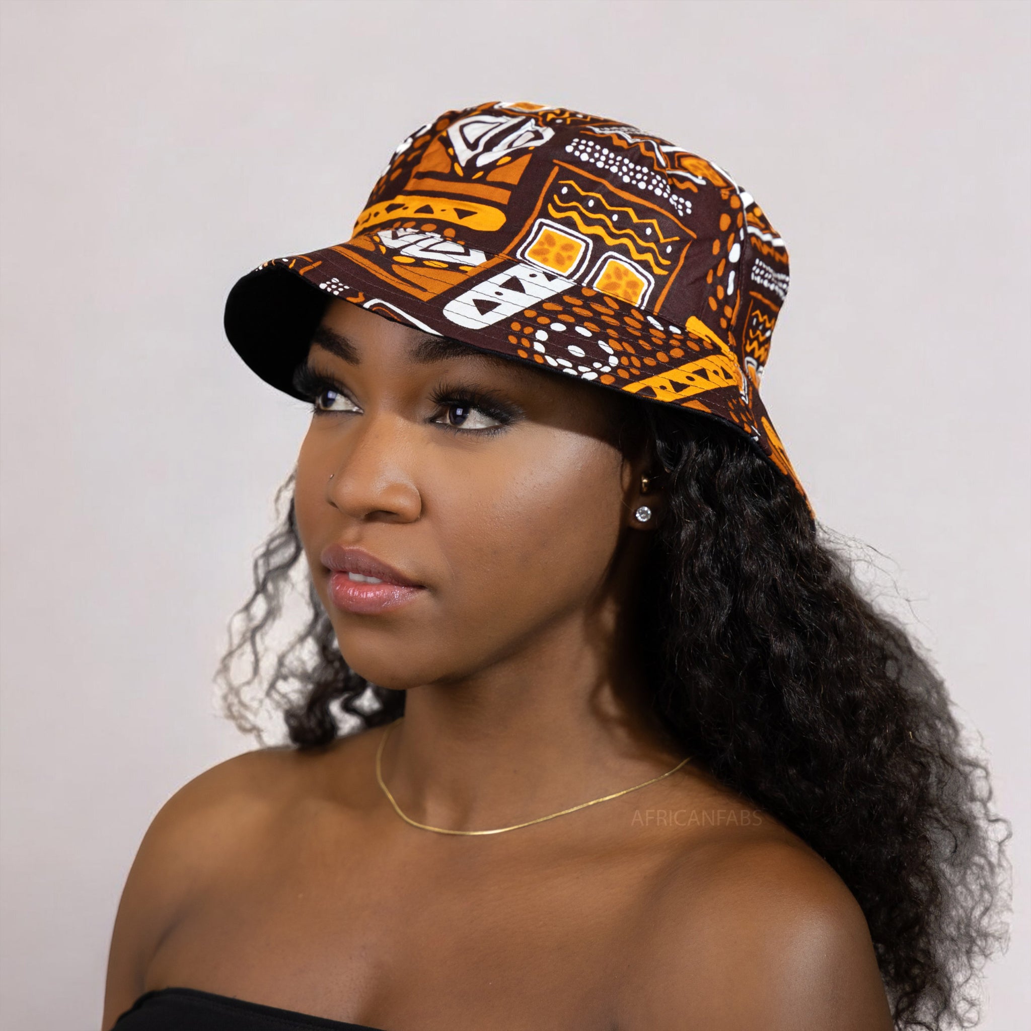 Bucket hat / Vissershoedje met Afrikaanse print - Bruine patronen Bogolan - Kinderen & Volwassenen (Unisex)