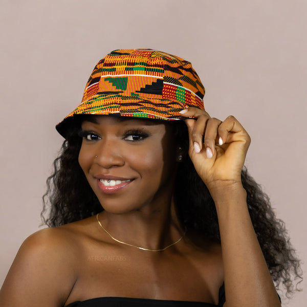 Bucket hat / Vissershoedje met Afrikaanse print - Kente oranje/groen - Kinderen & Volwassenen (Unisex)