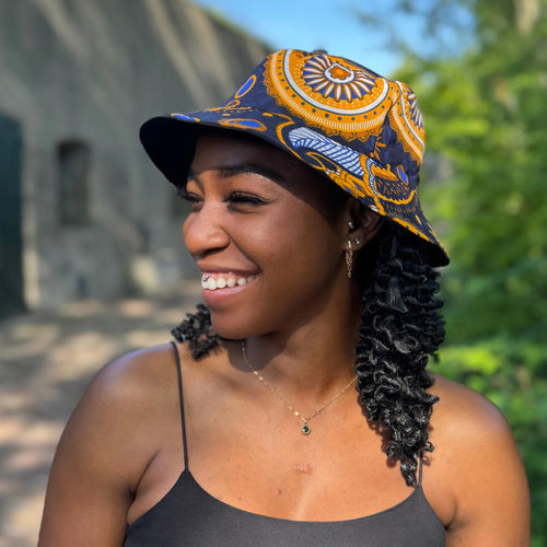 Bucket hat / Vissershoedje met Afrikaanse print - Marineblauw Geel Paisley - Kinderen & Volwassenen (Unisex)