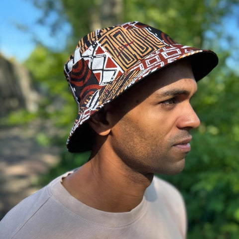 Bucket hat / Vissershoedje met Afrikaanse print - Bruin Bogolan Mosaic - Kinderen & Volwassenen (Unisex)