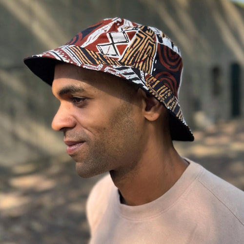 Bucket hat / Vissershoedje met Afrikaanse print - Bruin Bogolan Mosaic - Kinderen & Volwassenen (Unisex)