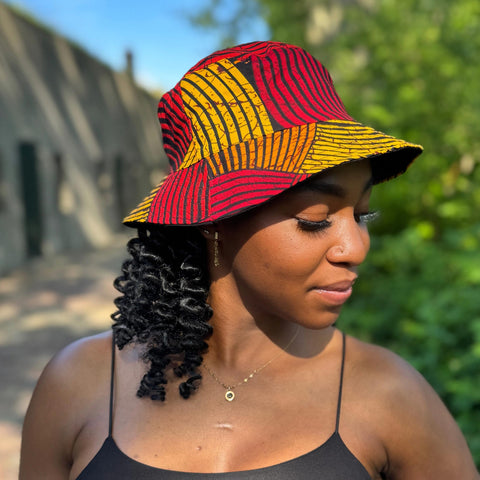 Bucket hat / Vissershoedje met Afrikaanse print - Rood & Geel Concentric Circle Design - Kinderen & Volwassenen (Unisex)