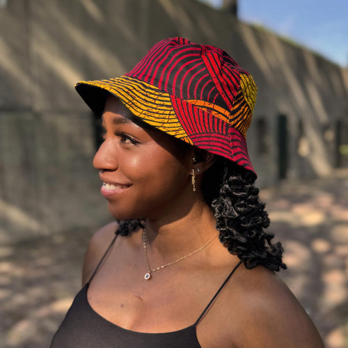 Bucket hat / Vissershoedje met Afrikaanse print - Rood & Geel Concentric Circle Design - Kinderen & Volwassenen (Unisex)