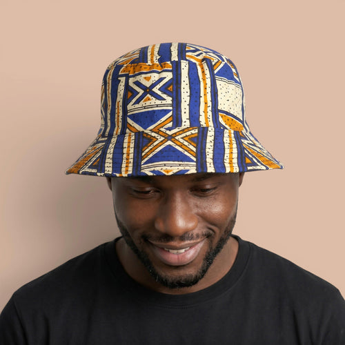 Bucket hat / Vissershoedje met Afrikaanse print - Blauw Bogolan Heritage - Kinderen & Volwassenen (Unisex)