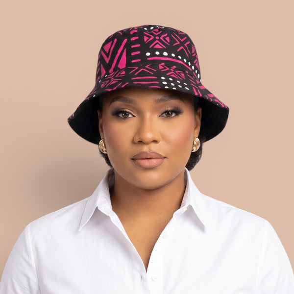 Bucket hat / Fisherman hat with African print - Pink Black Bogolan Symbols - Kids & Adults sizes (Unisex)