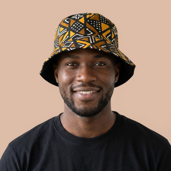 Bucket hat / Vissershoedje met Afrikaanse print - Bruin Bogolan Geometry - Kinderen & Volwassenen (Unisex)