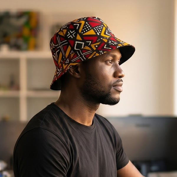Bucket hat / Vissershoedje met Afrikaanse print - Rood Bogolan Geometry - Kinderen & Volwassenen (Unisex)