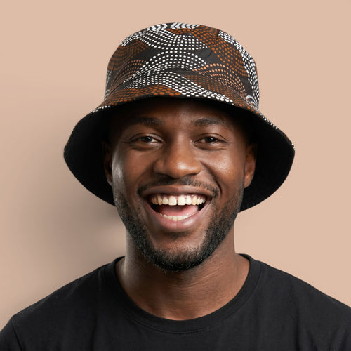 Bucket hat / Vissershoedje met Afrikaanse print - Bruin Wit Wave Pattern - Kinderen & Volwassenen (Unisex)