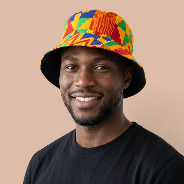 Bucket hat / Vissershoedje met Afrikaanse print - Geel Blauw Kente - Kinderen & Volwassenen (Unisex)