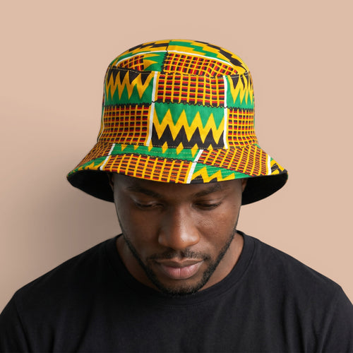 Bucket hat / Vissershoedje met Afrikaanse print - Groen Geel Kente - Kinderen & Volwassenen (Unisex)