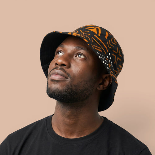 Bucket hat / Vissershoedje met Afrikaanse print - Zwart Oranje Bogolan Symbols - Kinderen & Volwassenen (Unisex)