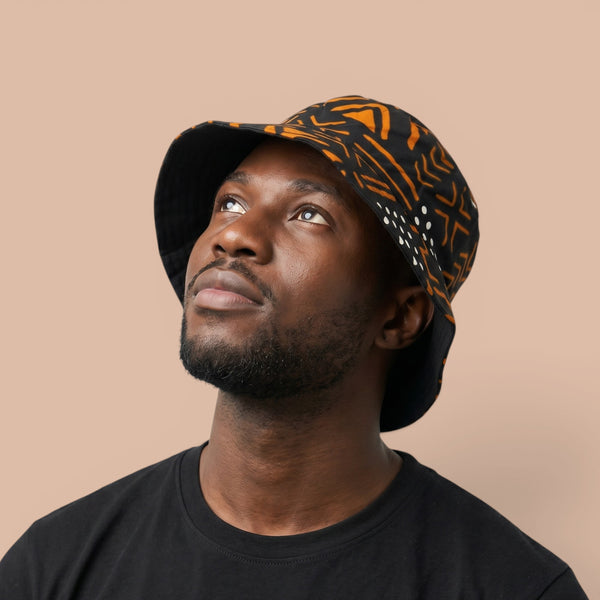 Bucket hat / Vissershoedje met Afrikaanse print - Zwart Oranje Bogolan Symbols - Kinderen & Volwassenen (Unisex)