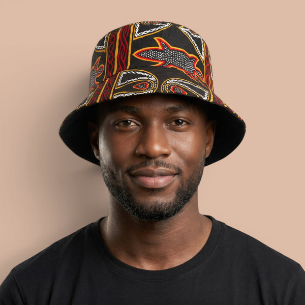 Bucket hat / Fisherman hat with African print - Black Red Toghu Bamenda Cameroon - Kids & Adults sizes (Unisex)