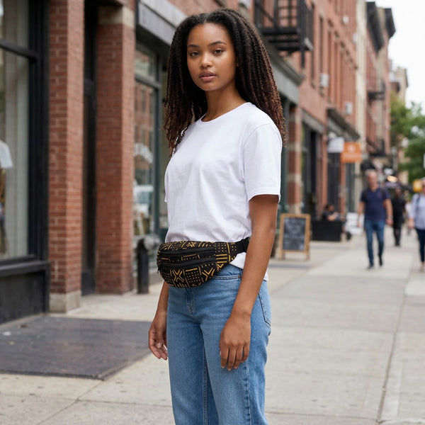 Afrikaanse print heuptasje / Fanny pack - Geel / zwart bogolan - Festival tasje met verstelbare band
